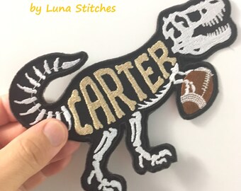Football Tyrannosaurus T-Rex Dinosaur Dino Personalized Iron On Patch College Embroidered Custom Applique