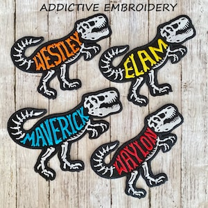 Iron On Patch T-Rex Dinosaur Personalized Back to School Iron On Patch Embroidered Custom Applique Dino Tyrannosaurus Name Tag