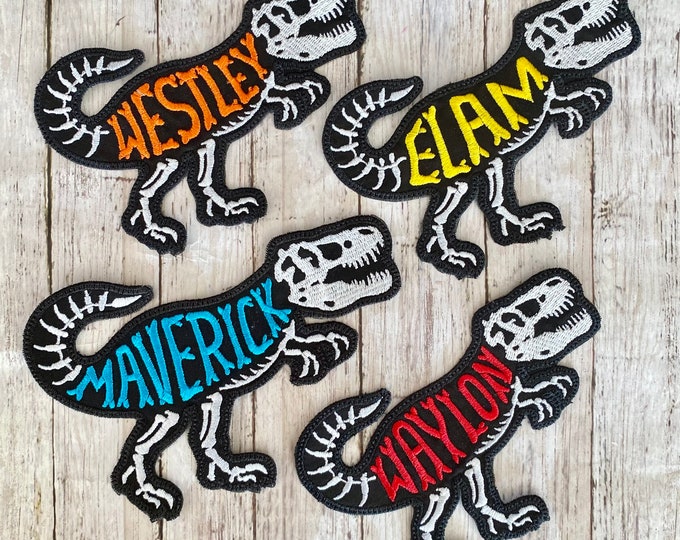 Featured listing image: Iron On Patch T-Rex Dinosaur Personalized Back to School Iron On Patch Embroidered Custom Applique Dino Tyrannosaurus Name Tag