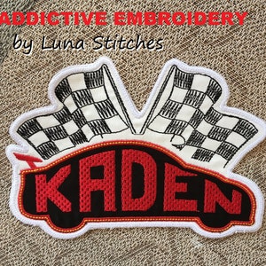 Race Car Checkered Flag Personalized Iron On Patch Embroidered Applique Custom Name Tag School