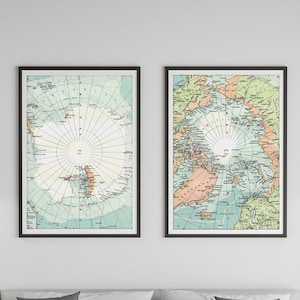 2x Posters Pôle Nord et Pôle Sud - Carte du Monde - Affiches numériques à télécharger et à faire imprimer - Décoration, affiche murale, art