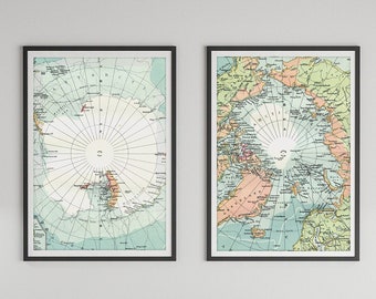 2x Posters South Pole and North Pole - World Maps - Vintage Digital Posters, to be downloaded and printed - Decoration, Wall art