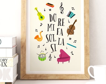 Music poster - Musical notes - Digital poster to download and print - Children's room decoration - Do Ré Mi Fa Sol La Si