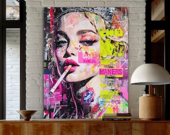 May include: A colorful abstract painting featuring a woman with a crown, a cigarette, and the words "Good Manners" and "Manners".