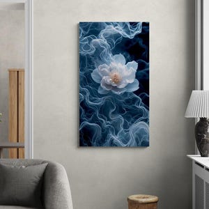 White Oriental Flower on Blue Background, Matte,Canvas Print, Matte, , Delicate Lines, Wall Art, Home Decor, Floral Decor,