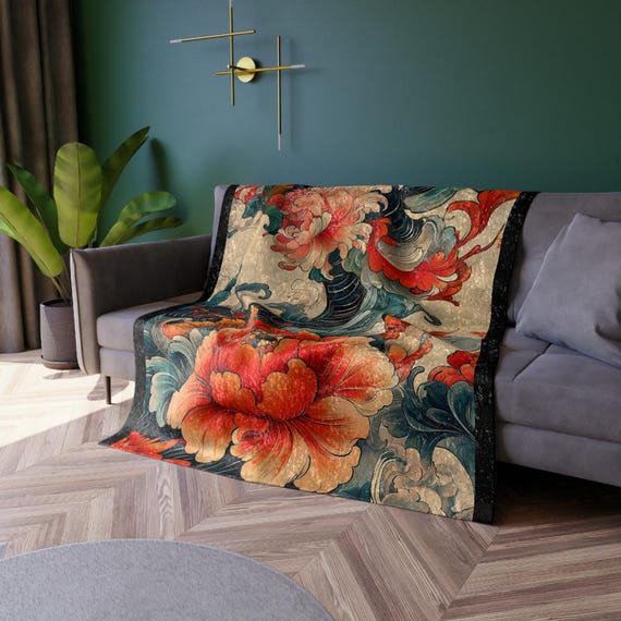 Velvet Blanket: Chinese Floral Design Plush Throw - 50x60