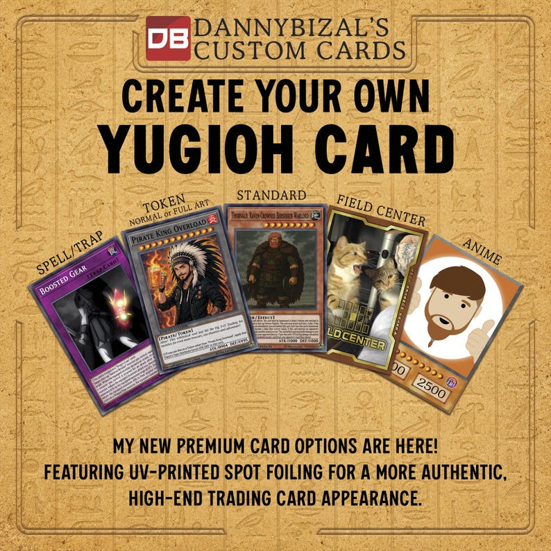 Op de afbeelding: Een verzameling aangepaste ruilkaarten van Dannybizal's Custom Cards, met categorie&euml;n zoals Spell/Trap, Token, Standard, Field Center en Anime. De kaarten tonen diverse illustraties en tekst, voorzien van een hoogwaardige UV-spotlak.