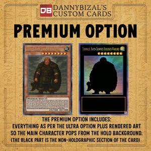 Op de afbeelding: Twee ruilkaarten met het label Dannybizal's Custom Cards Premium Option. De ene kaart toont een roodharige krijger met een bijl, terwijl de andere een zwart silhouet van hetzelfde personage toont tegen een holografische achtergrond met een zwart tekstvak.