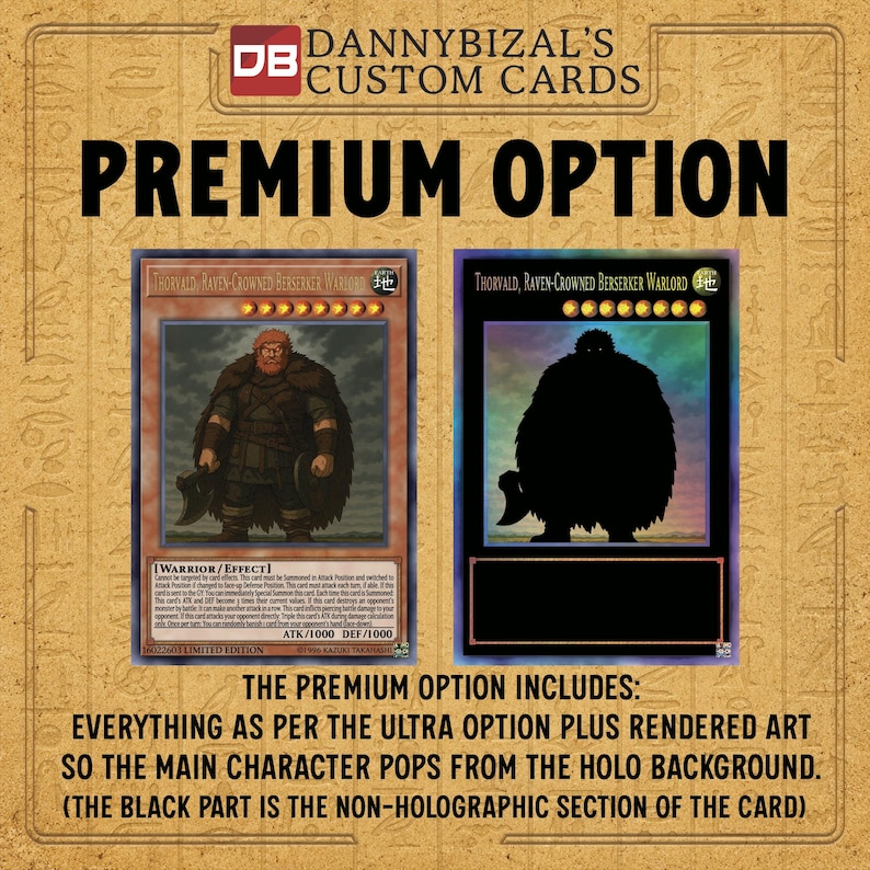 Op de afbeelding: Twee ruilkaarten met het label Dannybizal's Custom Cards Premium Option. De ene kaart toont een roodharige krijger met een bijl, terwijl de andere een zwart silhouet van hetzelfde personage toont tegen een holografische achtergrond met een zwart tekstvak.