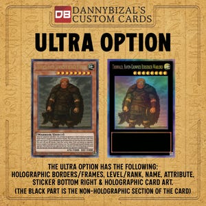 Op de afbeelding: Twee aangepaste ruilkaarten getiteld Thorvald, Raven-Crowned Berserker Warlord. De ene kaart heeft een bruine rand, de andere een zwarte. De tekst bevat Dannybizal's Custom Cards, Ultra Option en details over holografische kenmerken.