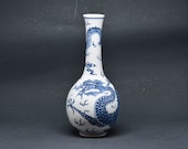 Chinese blue and white porcelain dragon vase , 8 inches, mid 20th century