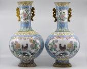 Vintage Chinese enamel large pair vases ,15 inches tall, 1970 - 80s