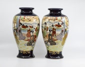 Vintage Japanese pair Satsuma cobalt blue hand painted porcelain ,mirror images vases,10 inches tall, mid 20th century