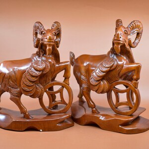 Vintage, Chinese, carved , wooden , pair rams statues, 11 inches tall, 1980s