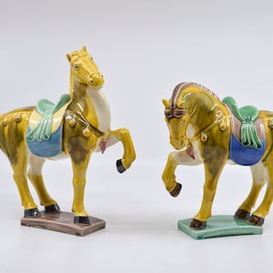 Vintage Chinese, glazed , ceramic , pair horses,  8 inches tall, 1970s