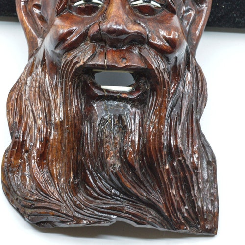 Vintage Chinese carved wooden Shou Lou wall hanging mask ,10 inches long, shops 1970s