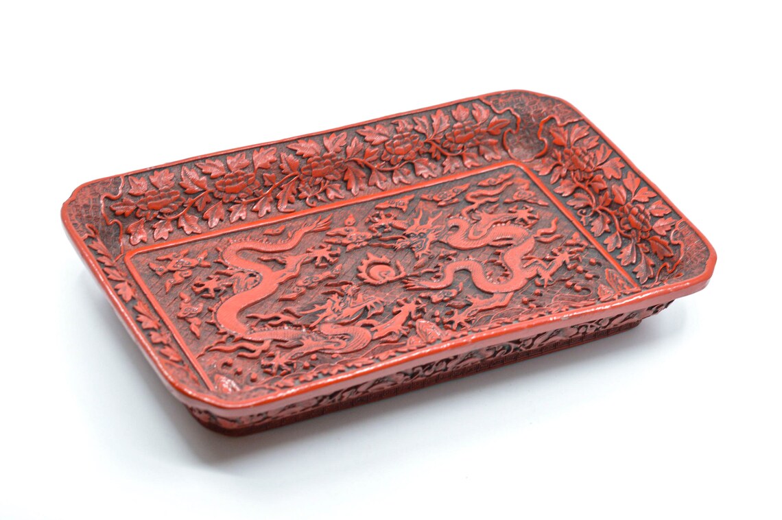Vintage Chinese Faux Cinnabar Dragon Tray 12 X 7.5 Inches Etsy