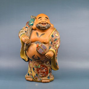 Vintage, Japanese,Kutani porcelain, large , happy Buddha statue, 14 inches tall, 1980s