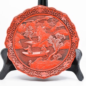 Vintage Chinese faux cinnabar plate, 9.5 inches wide, 1970s
