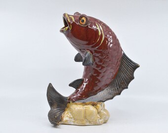 Vintage Chinese , glazed ceramic, fish vase, 10 inches tall, 1980s