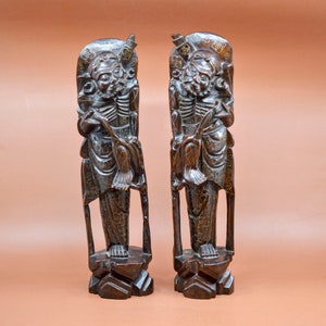 Antique, Chinese, pair, carved wooden , large statues, 14 inches tall, 1940s