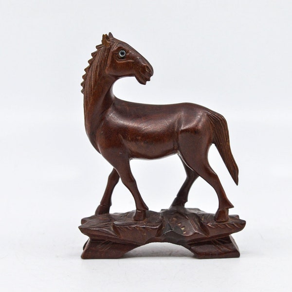 Vintage Chinese carved wood horse figurine, 4.5 inches, 1930s