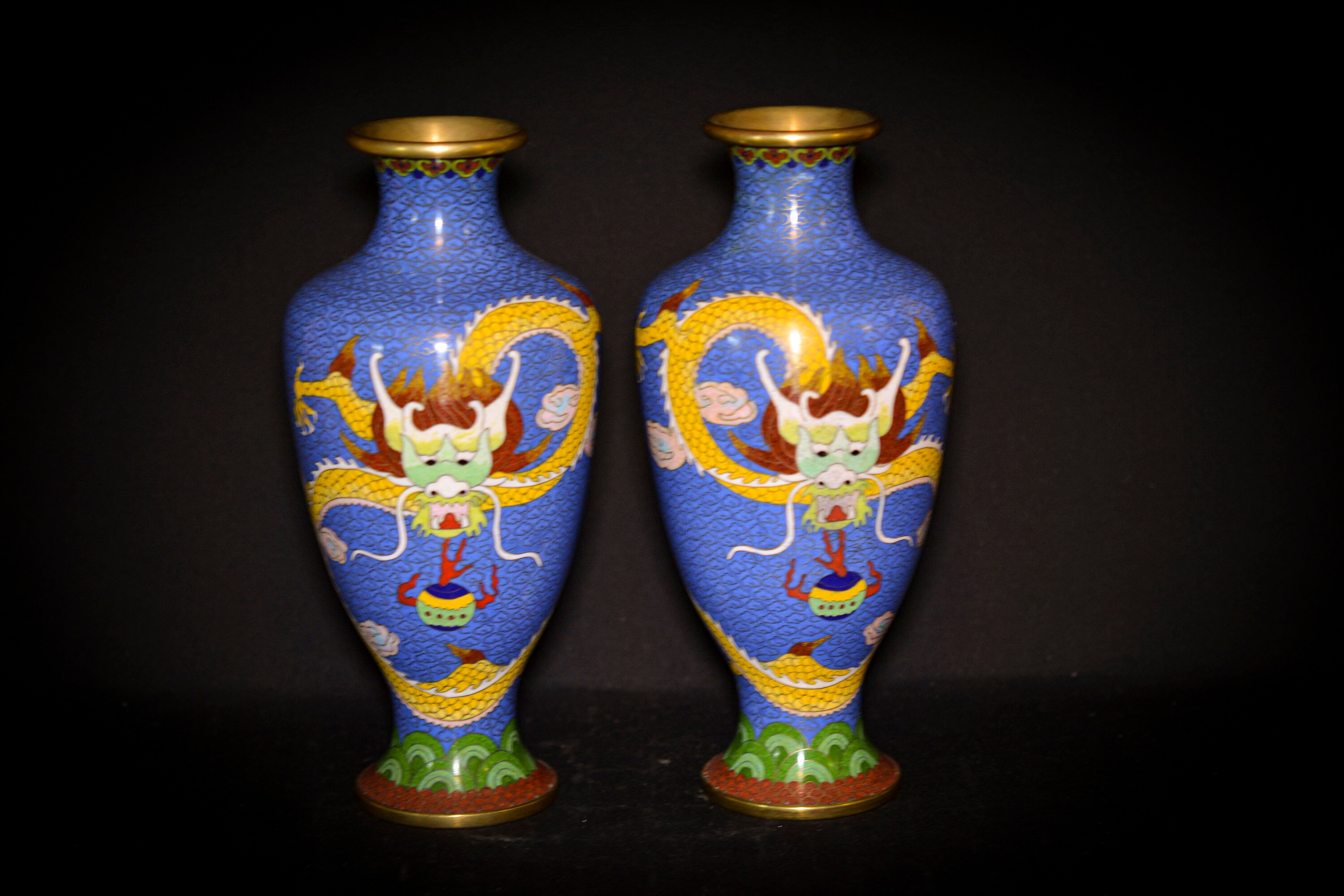 Chinese Vintage Cloisonne Dragon Vases Pair Ca 1970s