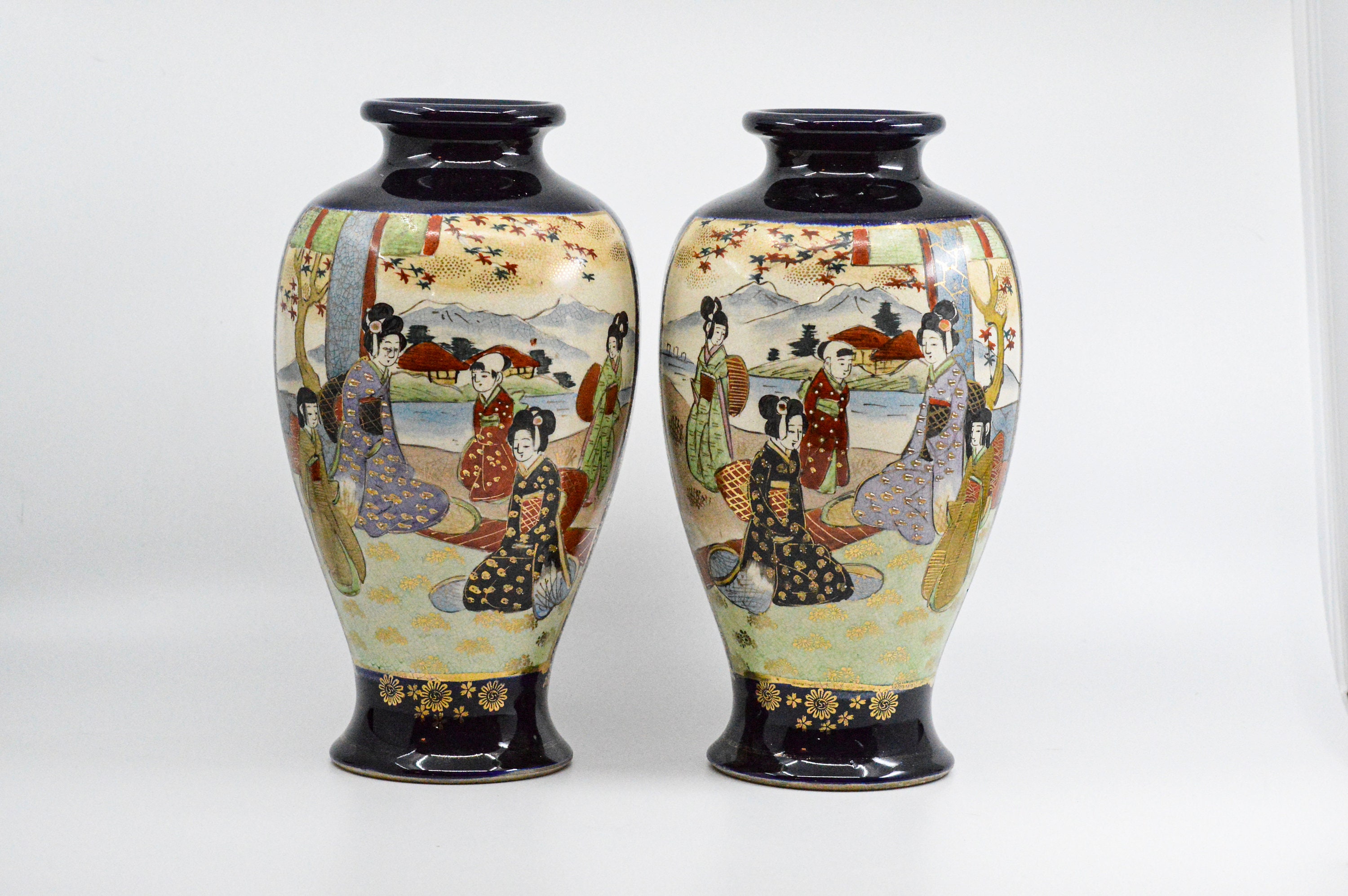 A Pair Of Antique Japanese Satsuma Vases, Handed Vases, Gosu/Cobalt Blue.