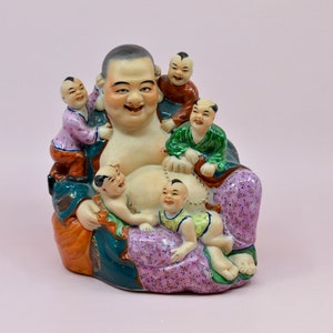 Vintage, Chinese, bisque porcelain, happy Buddha figurine, 7 inches tall, 1960s