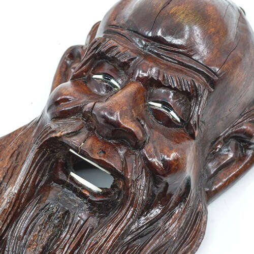 Vintage Chinese carved wooden Shou Lou wall hanging mask ,10 inches long, shops 1970s