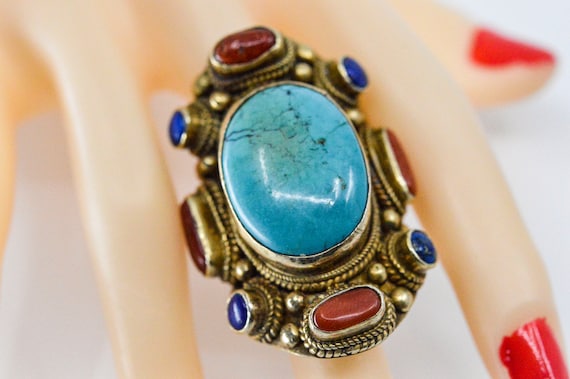 Antique Chinese huge mens ring, with turquoise, la