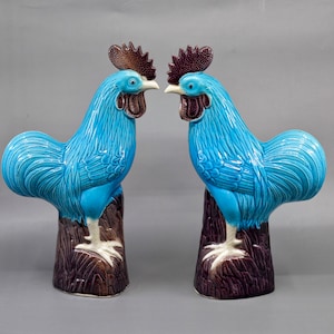 Vintage, Chinese, pair, roosters,  12 inches tall, 1960s