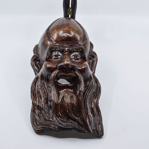 Vintage Chinese carved wooden Shou Lou wall hanging mask, 10 inches long, 1970s