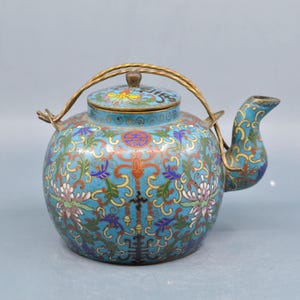 Antique, Chinese, cloisonne, teapot, 5 inches tall, 1900s