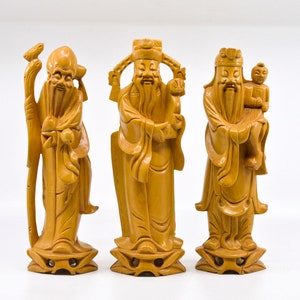 Vintage Chinese, carved wooden , Fu , Lu and Shou statues, 10 inches tall, 1980s