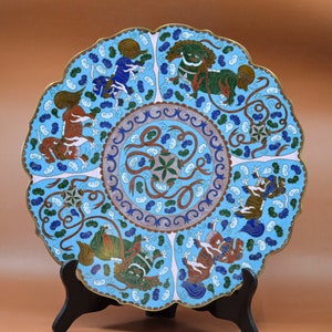 Antique, Chinese, large, cloisonne, Fu lions, dish, 15 inches wide, 1900s