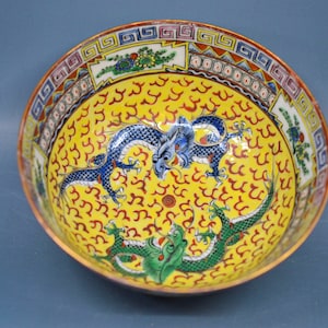 Antique, Chinese, dragons, porcelain bowl 6 inches wide, 1940s