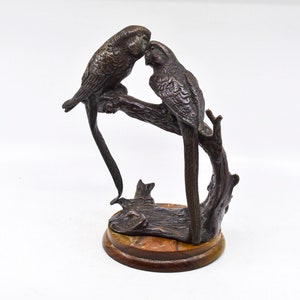 Vintage, carved bronze, parrots on wooden stand, 10 inches tall