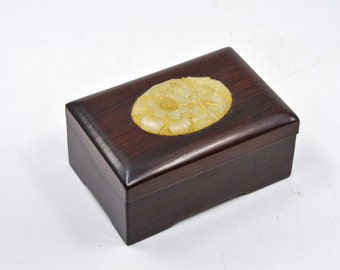 Antique Chinese wooden trinket box with stone inlade ornament,  5  x 3.5 inches. 1920 - 30s