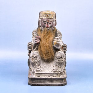 Vintage, Chinese, wooden, God of Wealth, temple, home shrine, figurine, 9 inches tall, 1960s