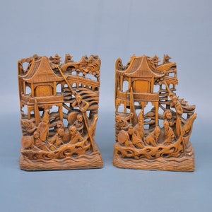 Antique,  Chinese, carved wood, salvage furniture ornaments, book ends, 6 inches tall, 1920s
