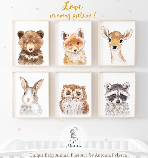 Wild Baby Animals Portrait Set of 6 Woodland Nursery Art
