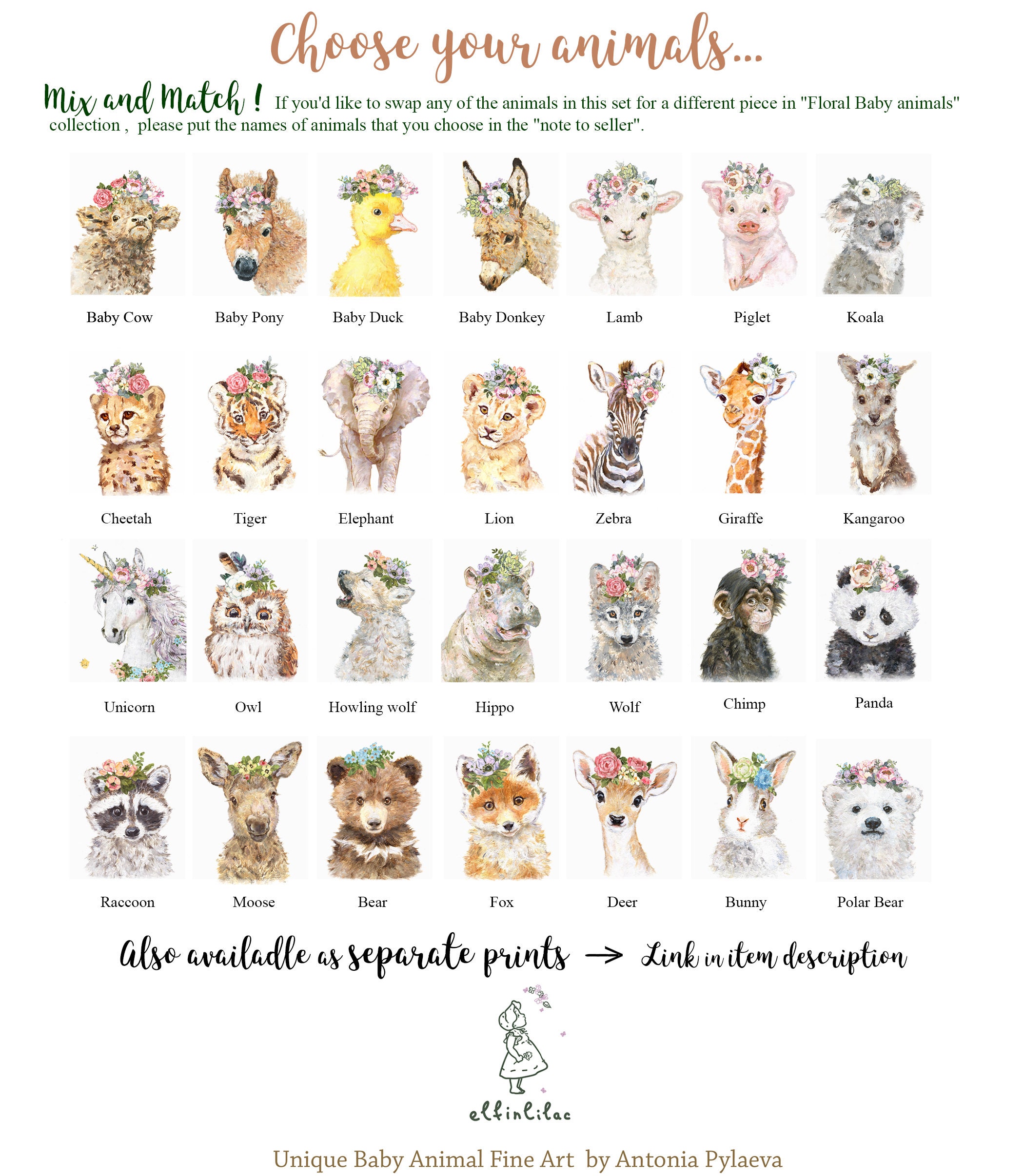 Woodland Animals Crown Nursery Decor Flower Print Set of 4 Etsy