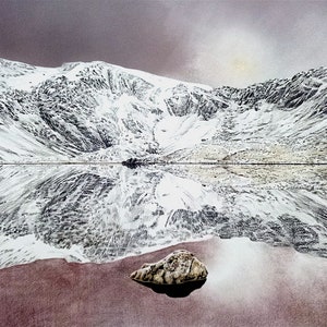 May include: A black and white drawing of a snowy mountain range reflected in a still lake. A single rock sits in the foreground on a pink sandy beach.