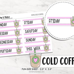Kawaii Cold Coffee Day Cover for Weekly Planner Date Cover Stickers for Planners, hobonichi, vertical, stalogy, b6, a6, journals image 1