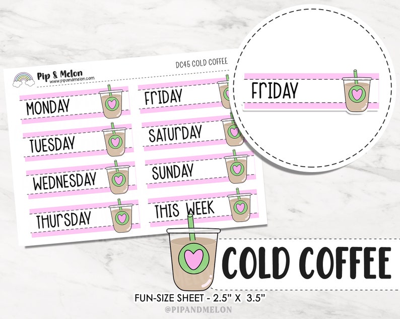 Kawaii Cold Coffee Day Cover for Weekly Planner Date Cover Stickers for Planners, hobonichi, vertical, stalogy, b6, a6, journals image 1