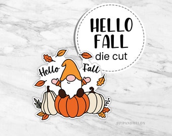 Hello Fall Gnome Laminated Overlay Sticker | planner die cut, planner decal, kawaii, cute, Laptop Sticker