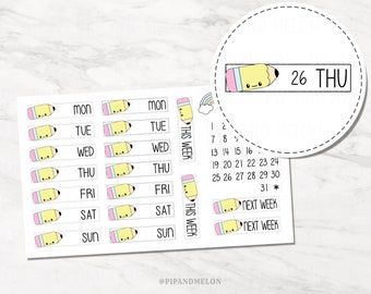 Kawaii PENCIL Date Covers Stickers for Planners, hobonichi, vertical, stalogy, b6, a6, Cute Kawaii stickers, monthly, weekly