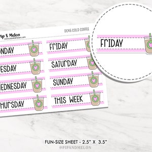 Kawaii Cold Coffee Day Cover for Weekly Planner Date Cover Stickers for Planners, hobonichi, vertical, stalogy, b6, a6, journals image 3