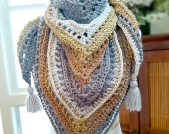 Crochet textured triangle scarf with tassels, boho scarf wrap, crochet triangle shawl, lace shawl scarf with neutral colors